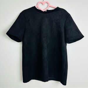 Zara Faux Suede Black Short Sleeve Exposed Back Zipper Blouse Size Medium